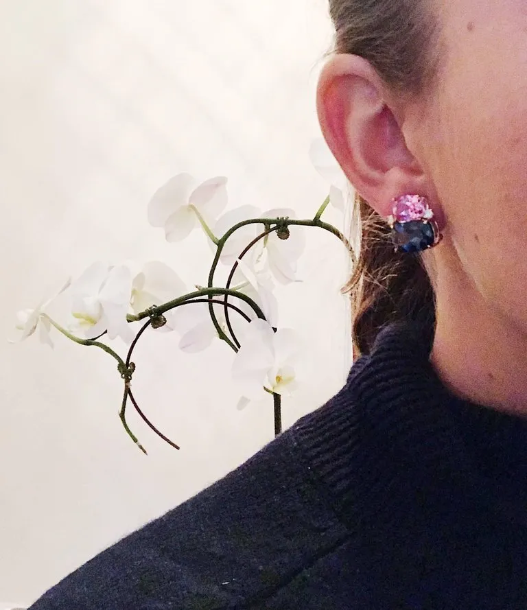 18Kt Yellow Gold Double Cushion Peridot and Blue Topaz Earrings