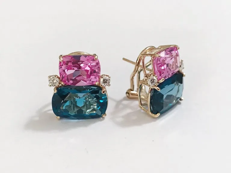 18Kt Yellow Gold Double Cushion Peridot and Blue Topaz Earrings