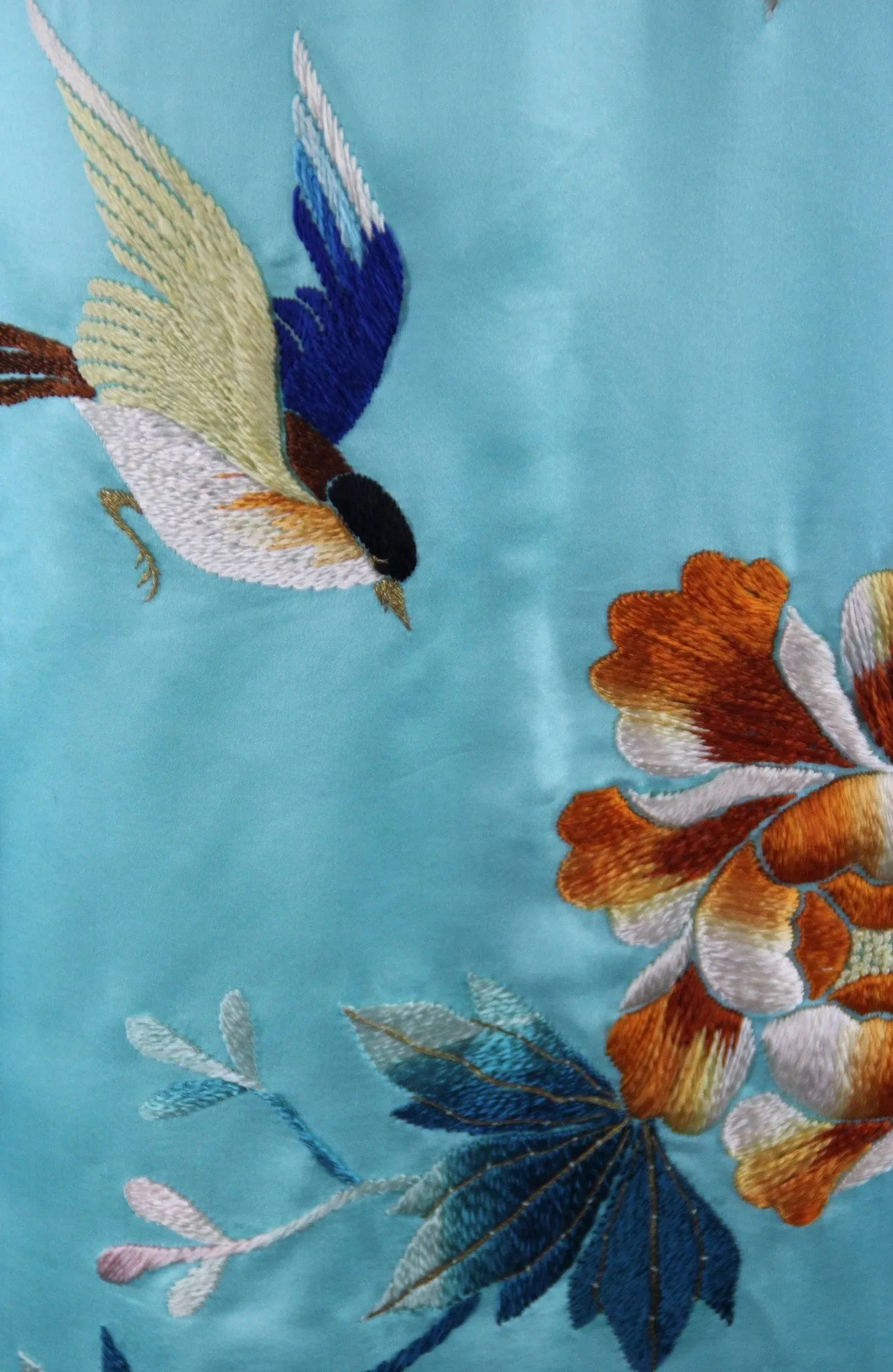 1930s Vintage Aqua Blue Silk Satin Embroidered Kimono Robe