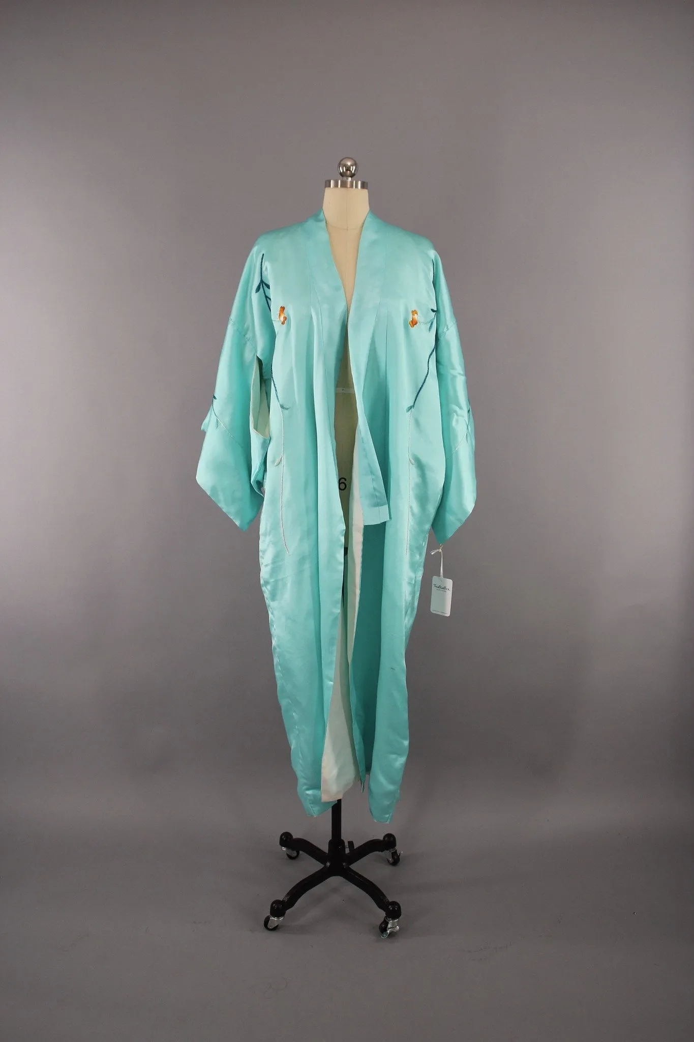 1930s Vintage Aqua Blue Silk Satin Embroidered Kimono Robe