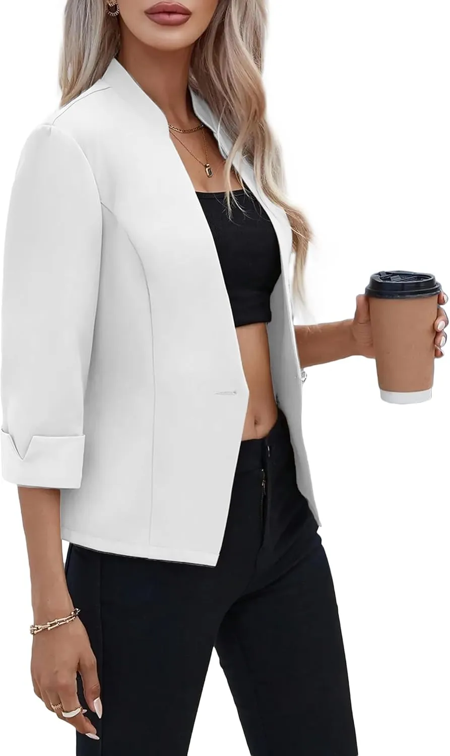 2025 Women's Summer 3/4 Sleeve Blazer Jacket Lightweight Fully-Lined Slim Stand Collar Casual Petite Work Suits