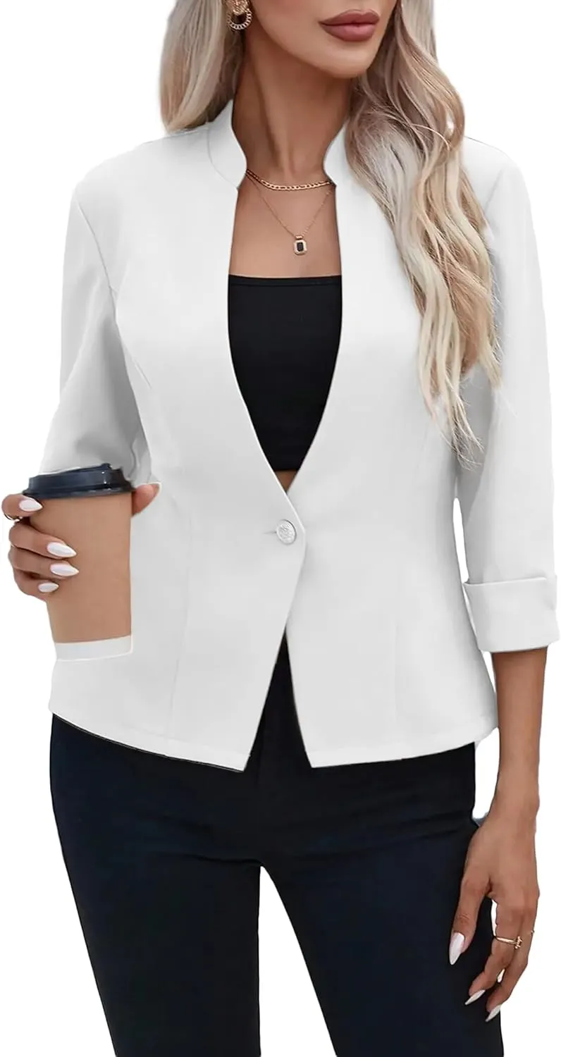 2025 Women's Summer 3/4 Sleeve Blazer Jacket Lightweight Fully-Lined Slim Stand Collar Casual Petite Work Suits