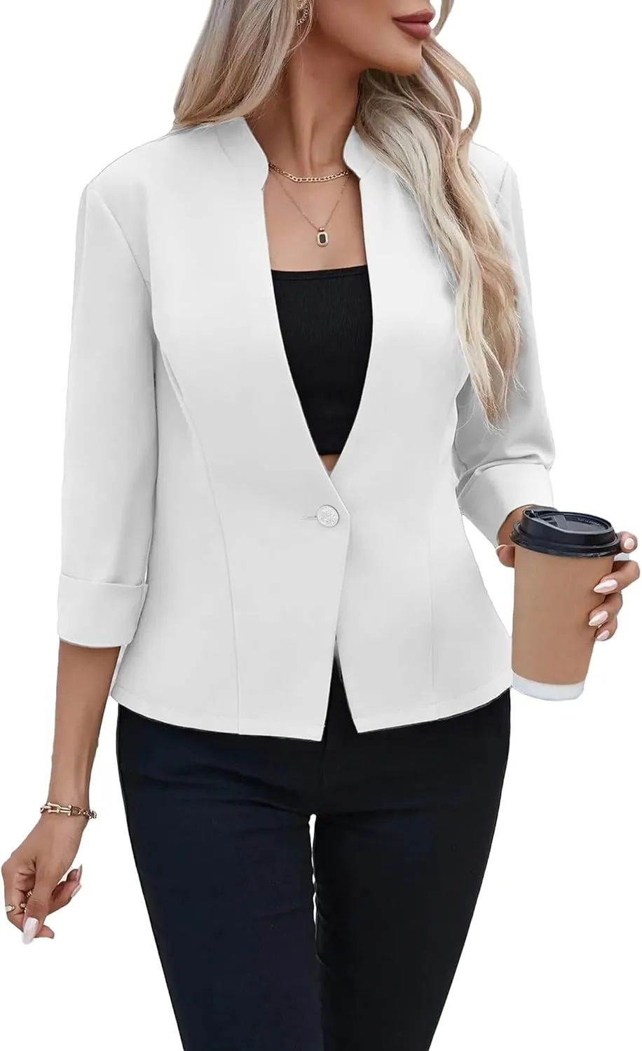 2025 Women's Summer 3/4 Sleeve Blazer Jacket Lightweight Fully-Lined Slim Stand Collar Casual Petite Work Suits