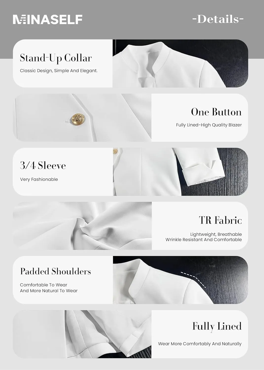 2025 Women's Summer 3/4 Sleeve Blazer Jacket Lightweight Fully-Lined Slim Stand Collar Casual Petite Work Suits