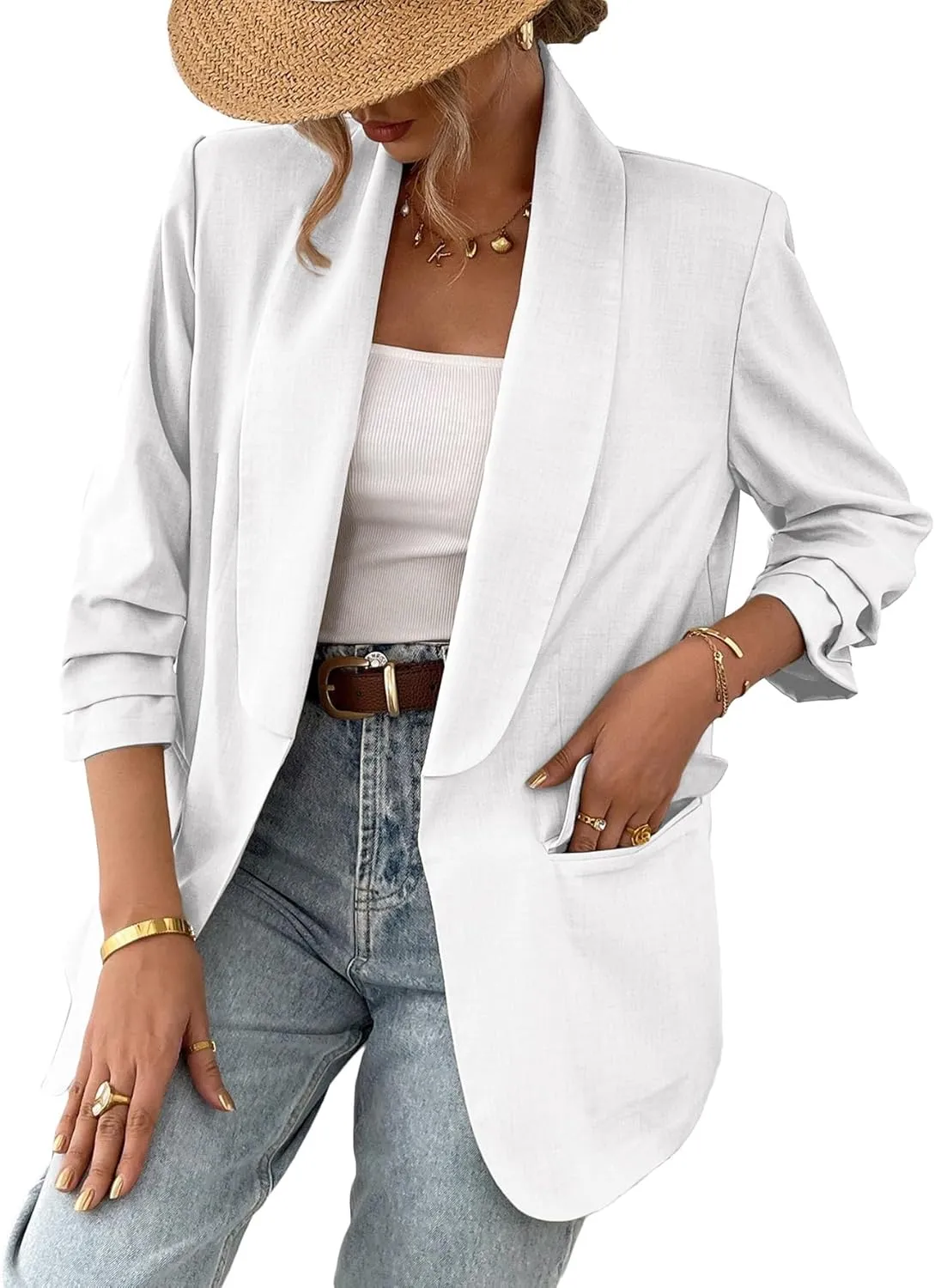 2025 Women's Summer Linen Blazer 3/4 Sleeve Long Lightweight Fully-Lined Trendy Casual Work Suit Jackets Pockets