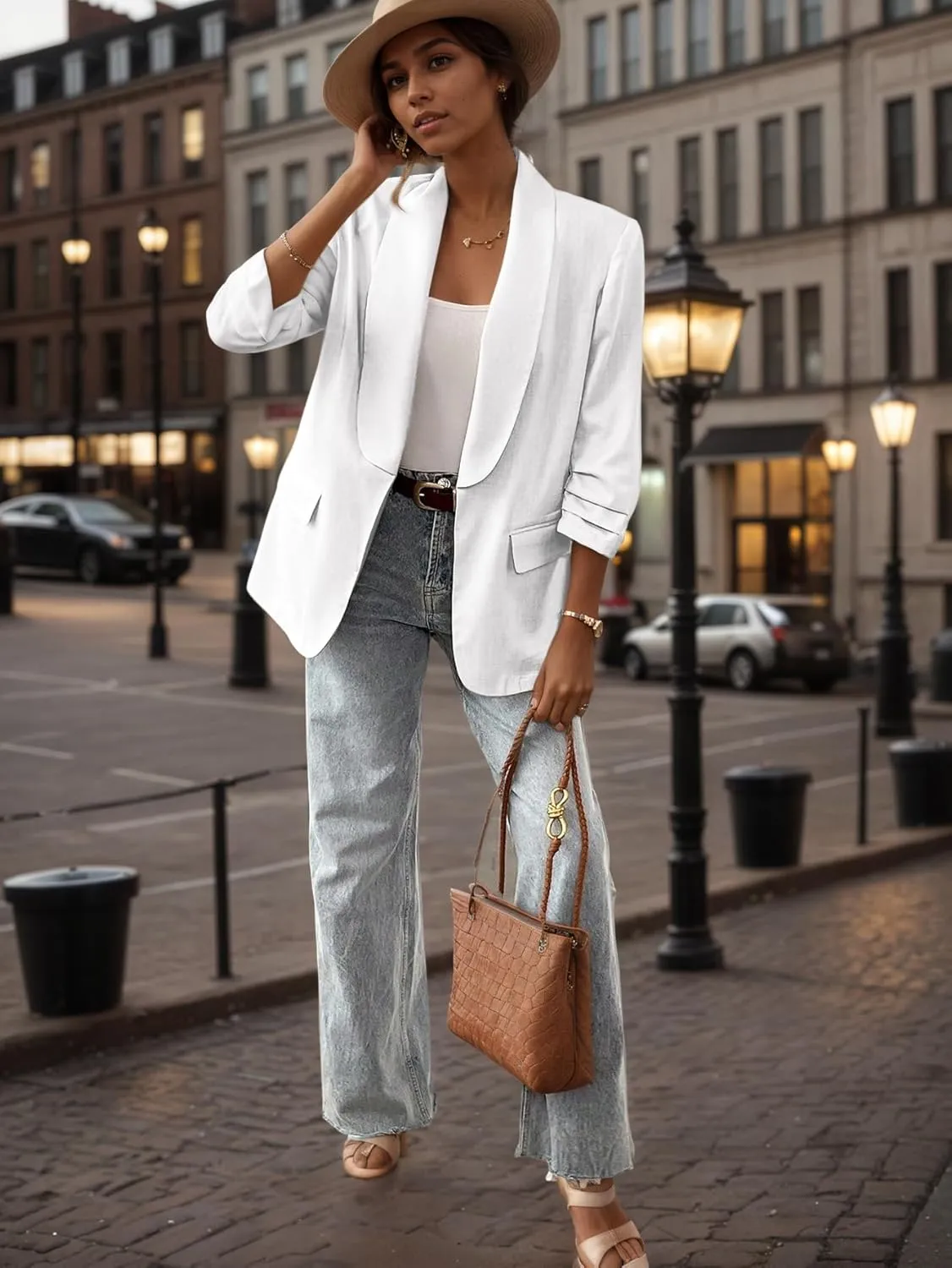 2025 Women's Summer Linen Blazer 3/4 Sleeve Long Lightweight Fully-Lined Trendy Casual Work Suit Jackets Pockets