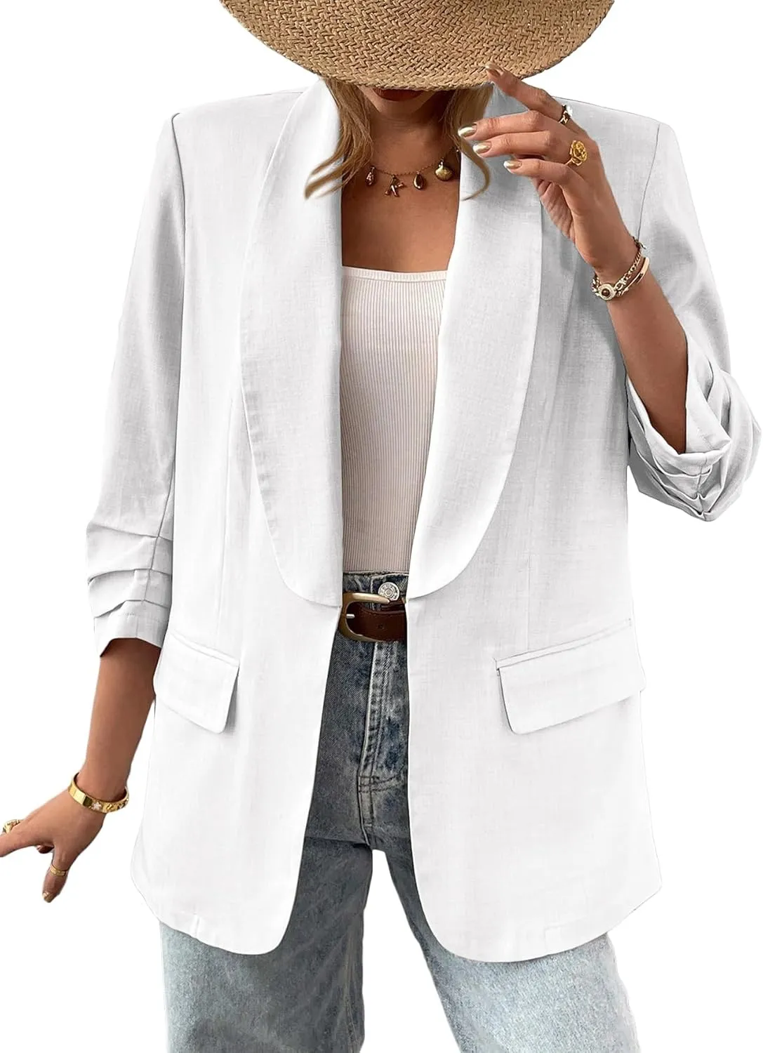 2025 Women's Summer Linen Blazer 3/4 Sleeve Long Lightweight Fully-Lined Trendy Casual Work Suit Jackets Pockets