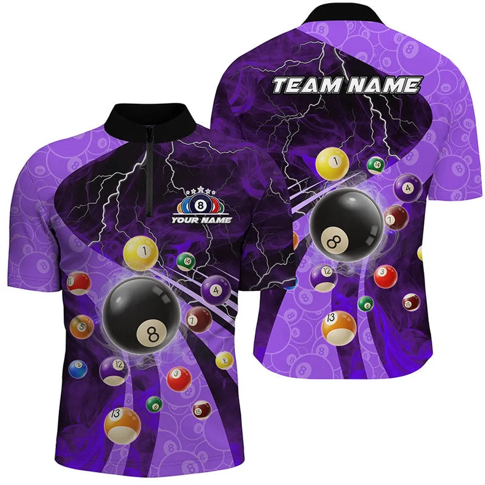 3D Billiard Balls Pool Shirts For Men Customized Lightning Billiard Jerseys Shorts Sleeve Purple, Mens Polo Shirts, Billiards Gifts
