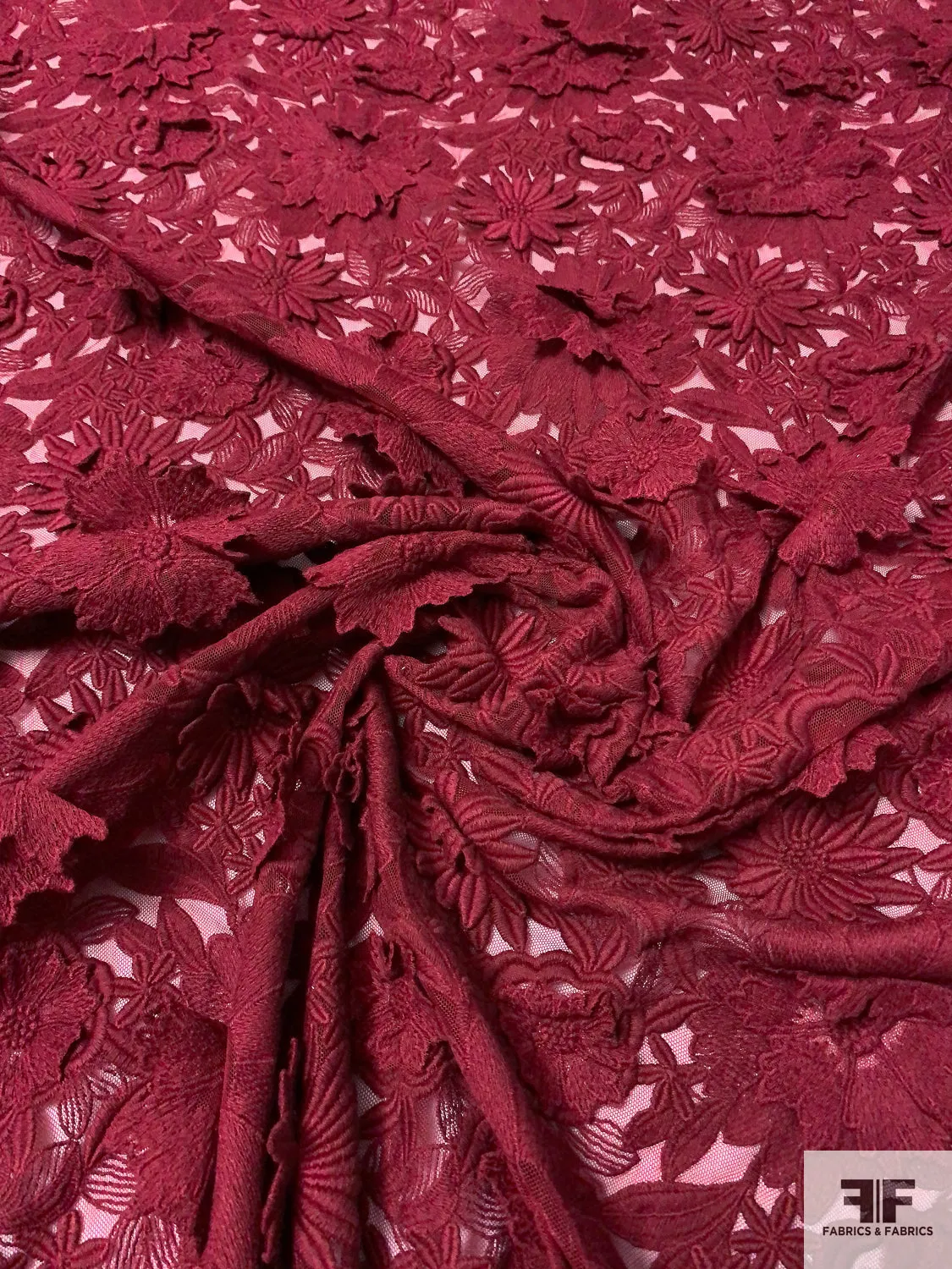 3D Floral Heavily Embroidered Tulle - Maroon