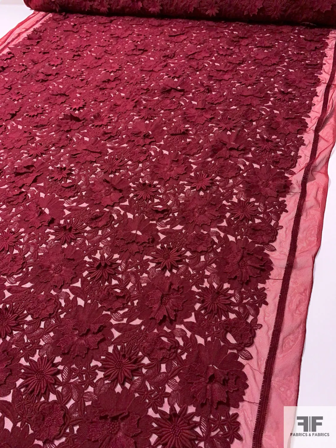 3D Floral Heavily Embroidered Tulle - Maroon