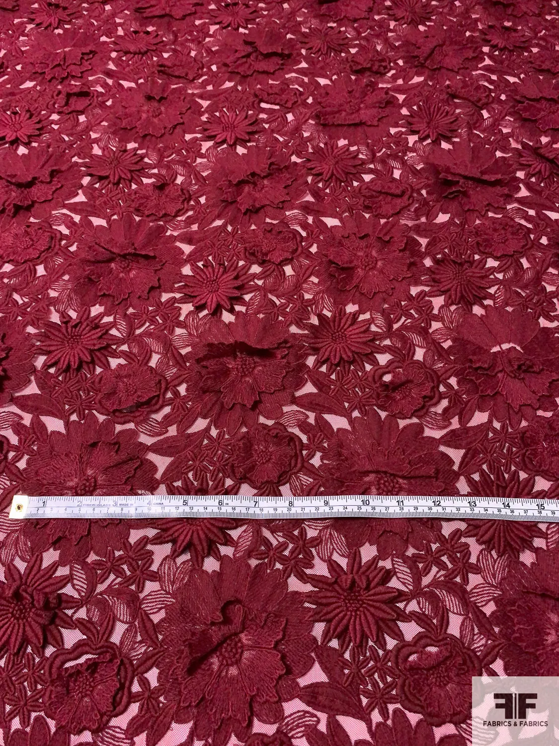 3D Floral Heavily Embroidered Tulle - Maroon