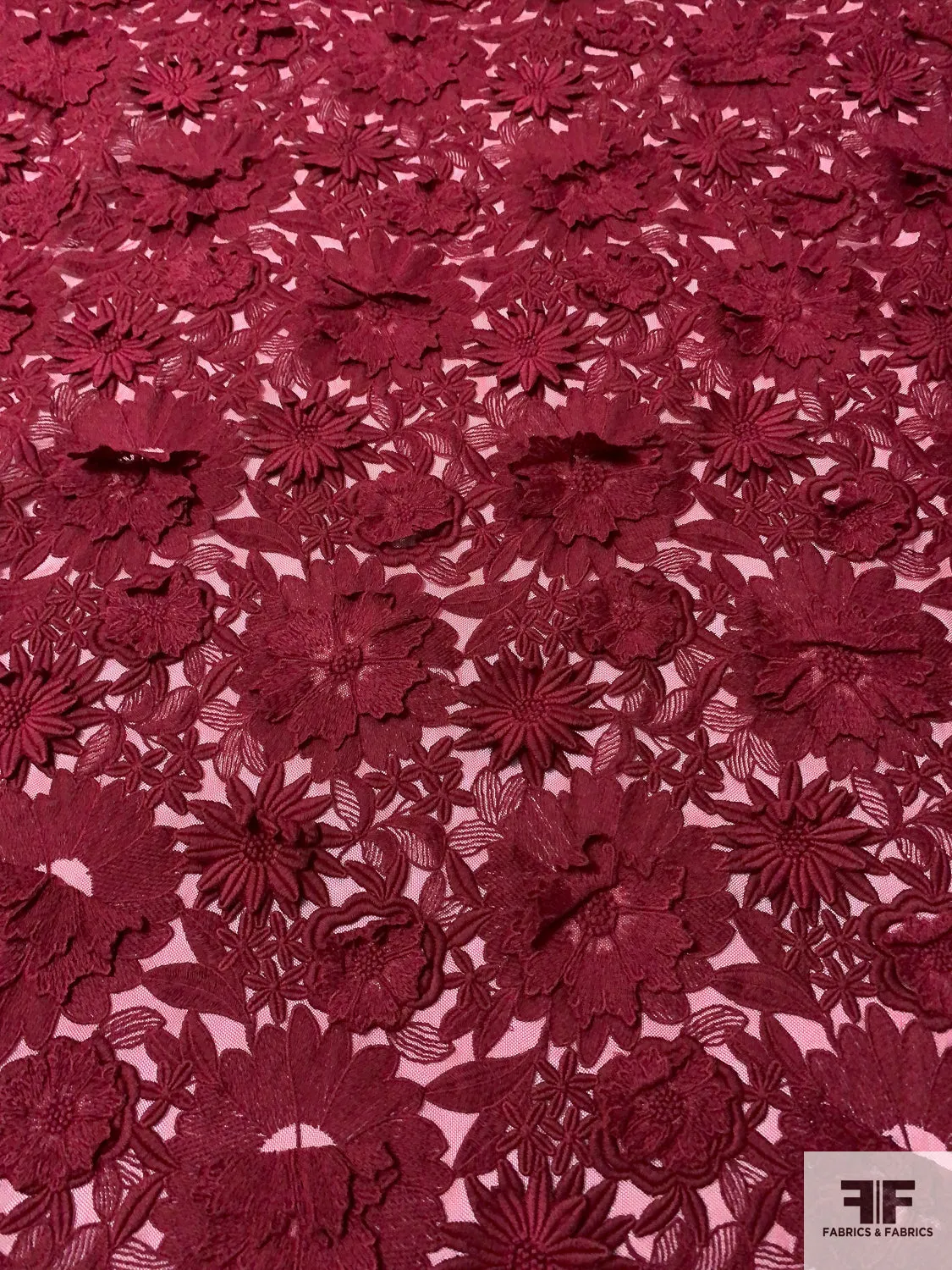 3D Floral Heavily Embroidered Tulle - Maroon