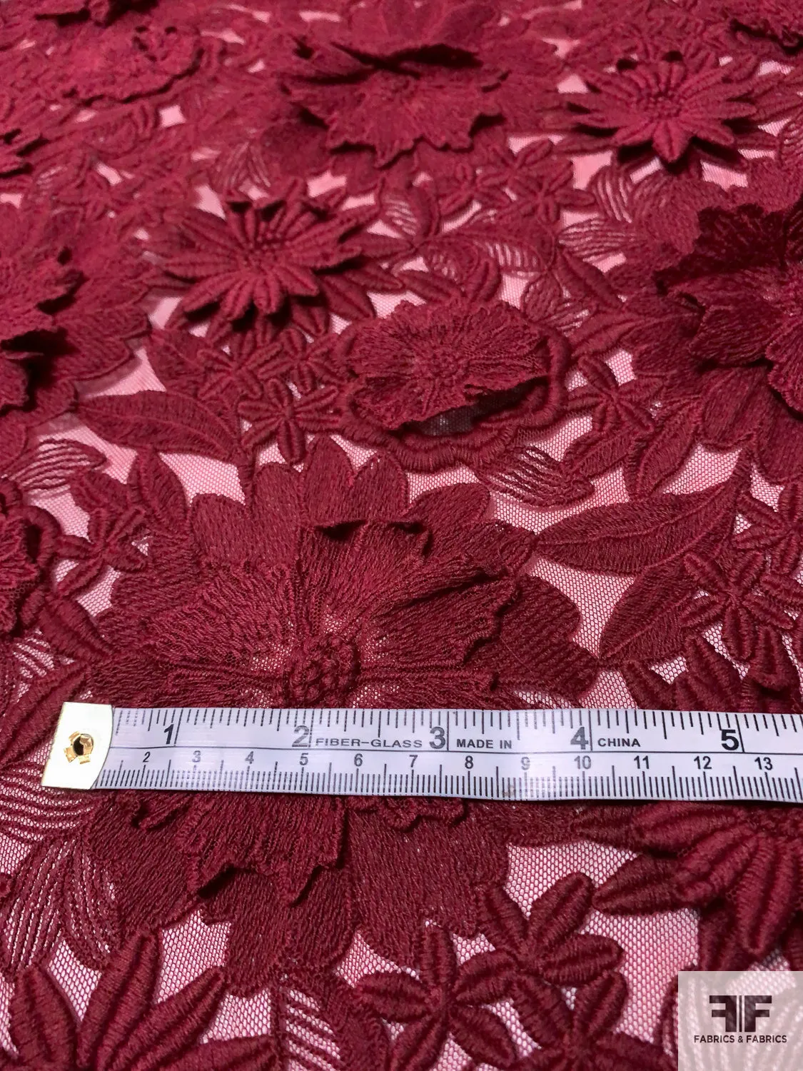3D Floral Heavily Embroidered Tulle - Maroon