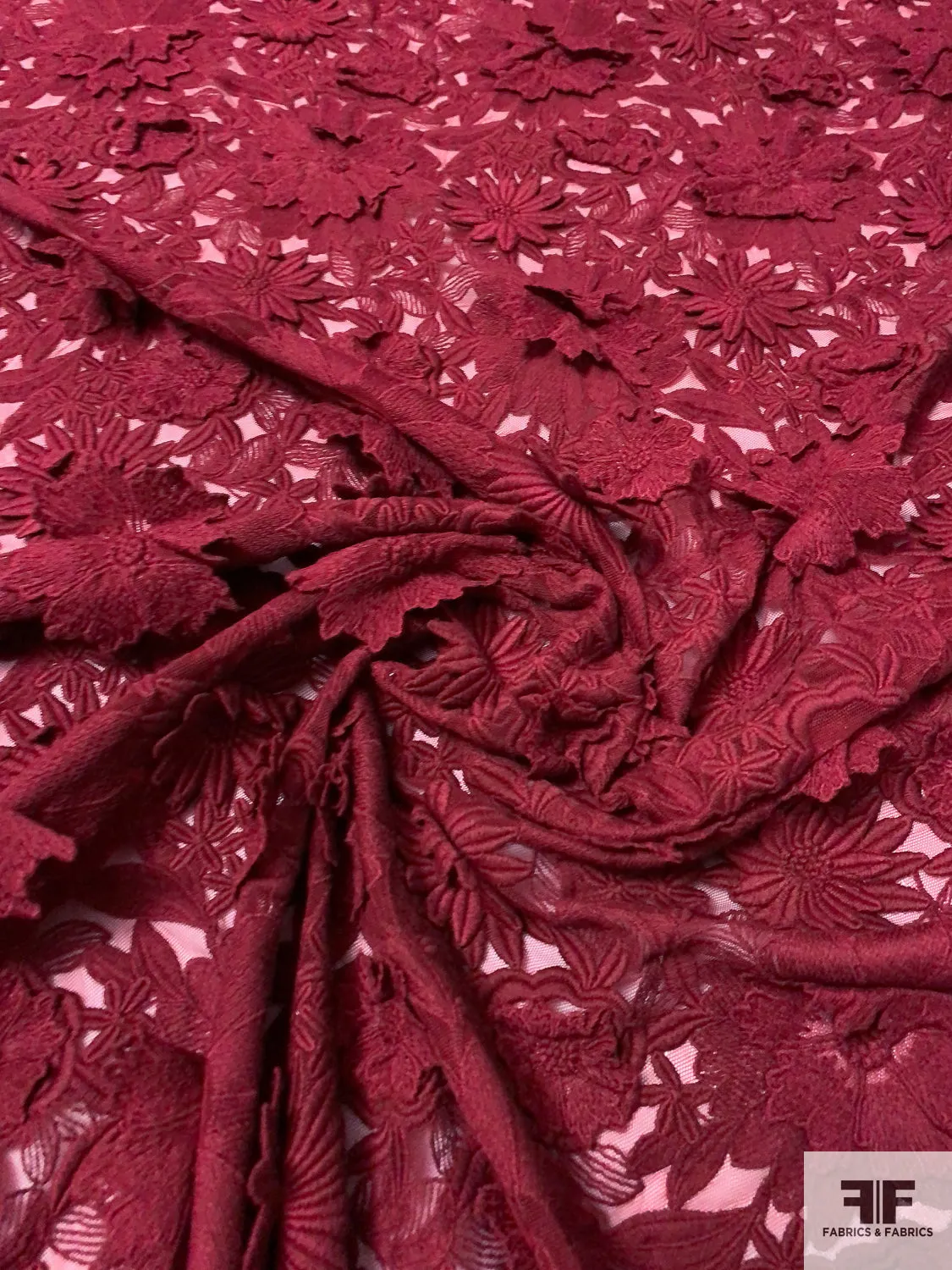 3D Floral Heavily Embroidered Tulle - Maroon