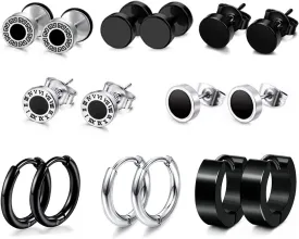 8-12 Pairs Earrings for Men Surgical Steel Mens Black Earrings Multipack Stud Huggie Small Hoop Earrings Set