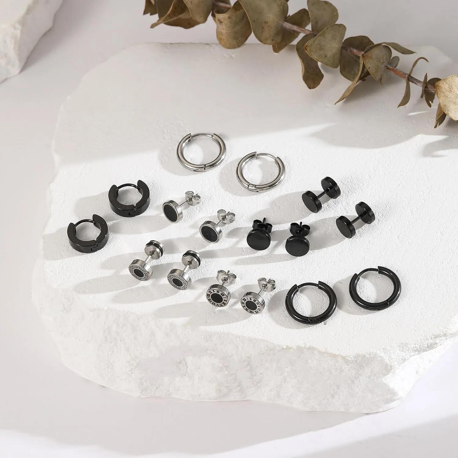 8-12 Pairs Earrings for Men Surgical Steel Mens Black Earrings Multipack Stud Huggie Small Hoop Earrings Set