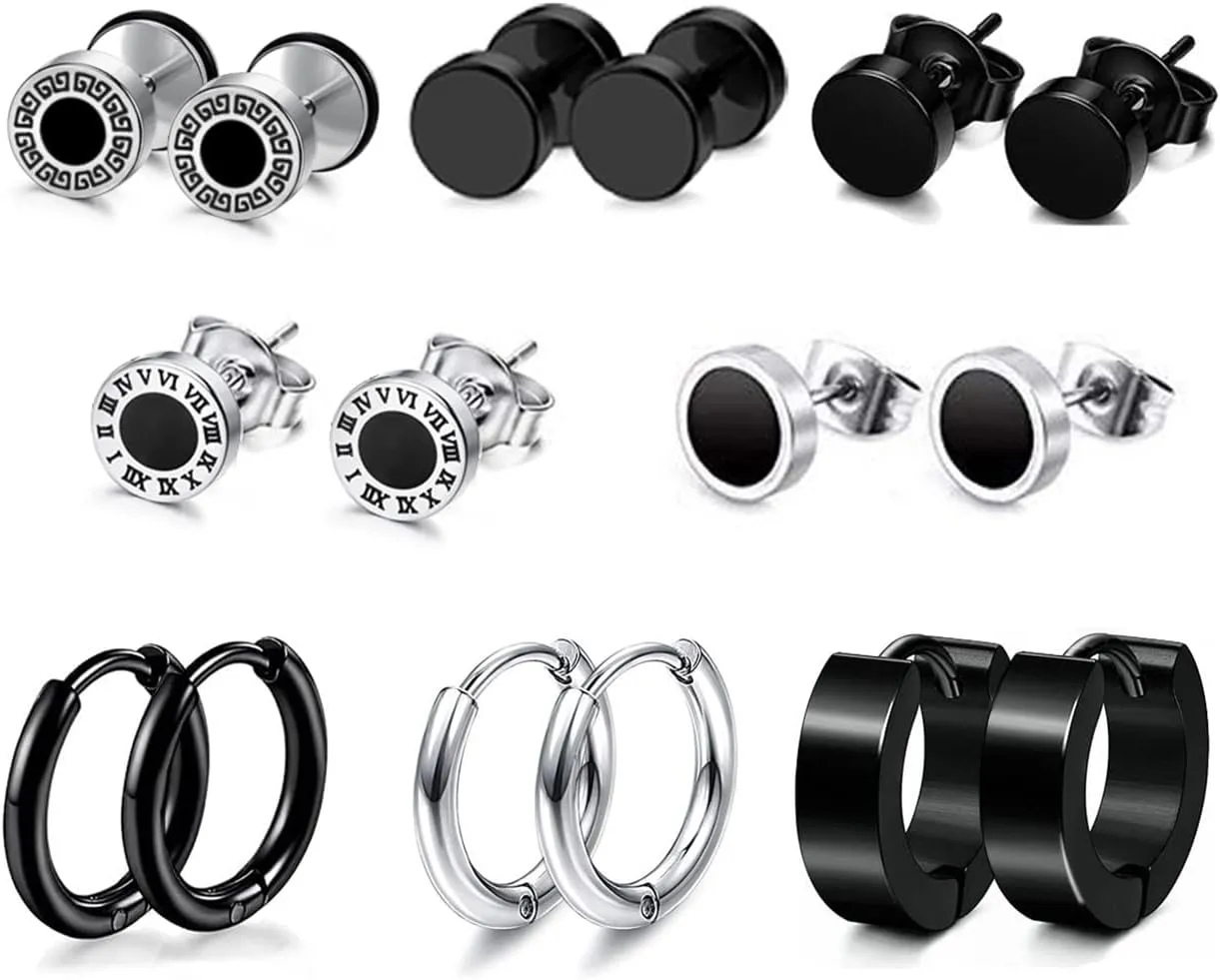 8-12 Pairs Earrings for Men Surgical Steel Mens Black Earrings Multipack Stud Huggie Small Hoop Earrings Set
