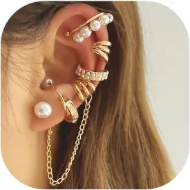 8Pcs Gold Ear Cuffs Earrings for Women Non Piercing,14K Gold Plated Tassel Chain Pearl Ear Clip Adjustable Cubic Zirconia Sparkling Round Huggie Ear Cuff Fake Earrings Punk Jewelry Gifts