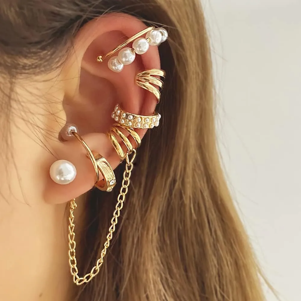 8Pcs Gold Ear Cuffs Earrings for Women Non Piercing,14K Gold Plated Tassel Chain Pearl Ear Clip Adjustable Cubic Zirconia Sparkling Round Huggie Ear Cuff Fake Earrings Punk Jewelry Gifts