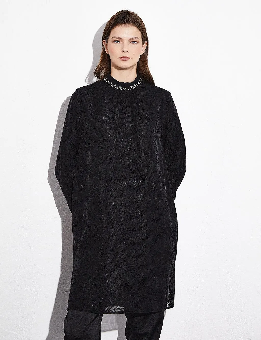 Abstract Pattern Stone Embroidered High Collar Tunic Black