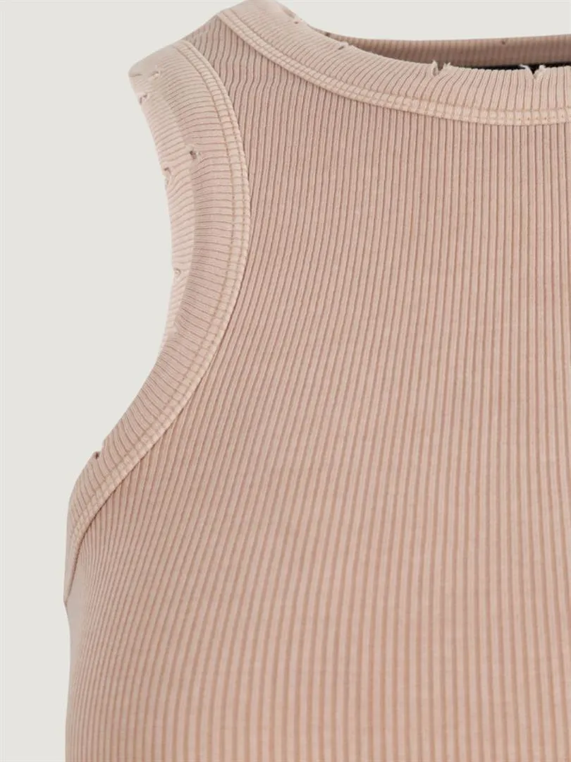 Aged Look Ribbed Swim Collar Tank - Beige