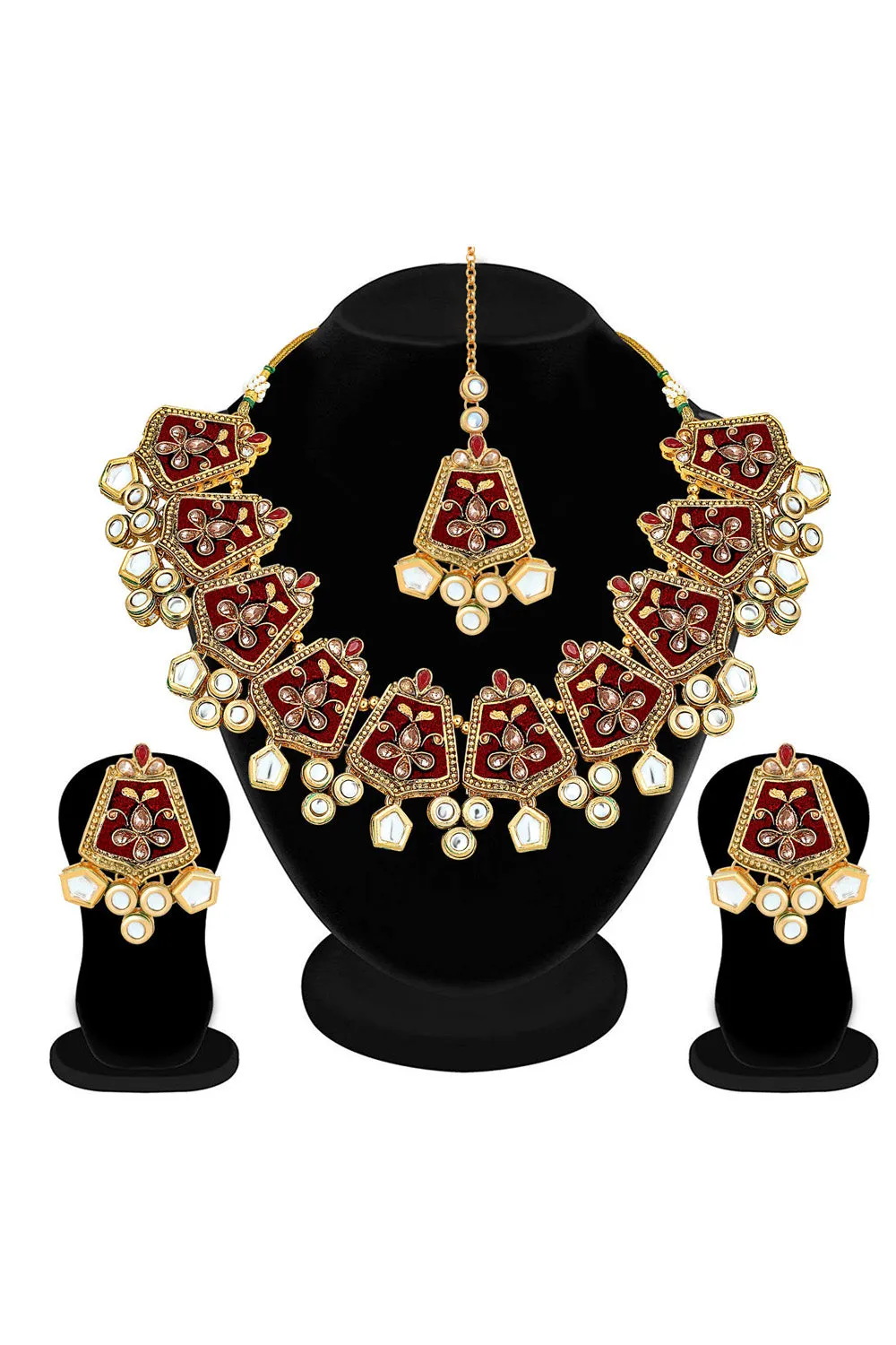 Alloy Necklace with Earrings and Maang Tikka in maroon