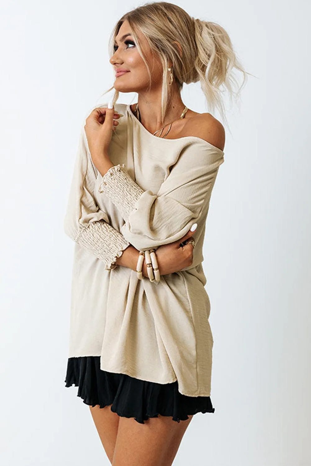 Apricot Smocked Cuff Shift Blouse