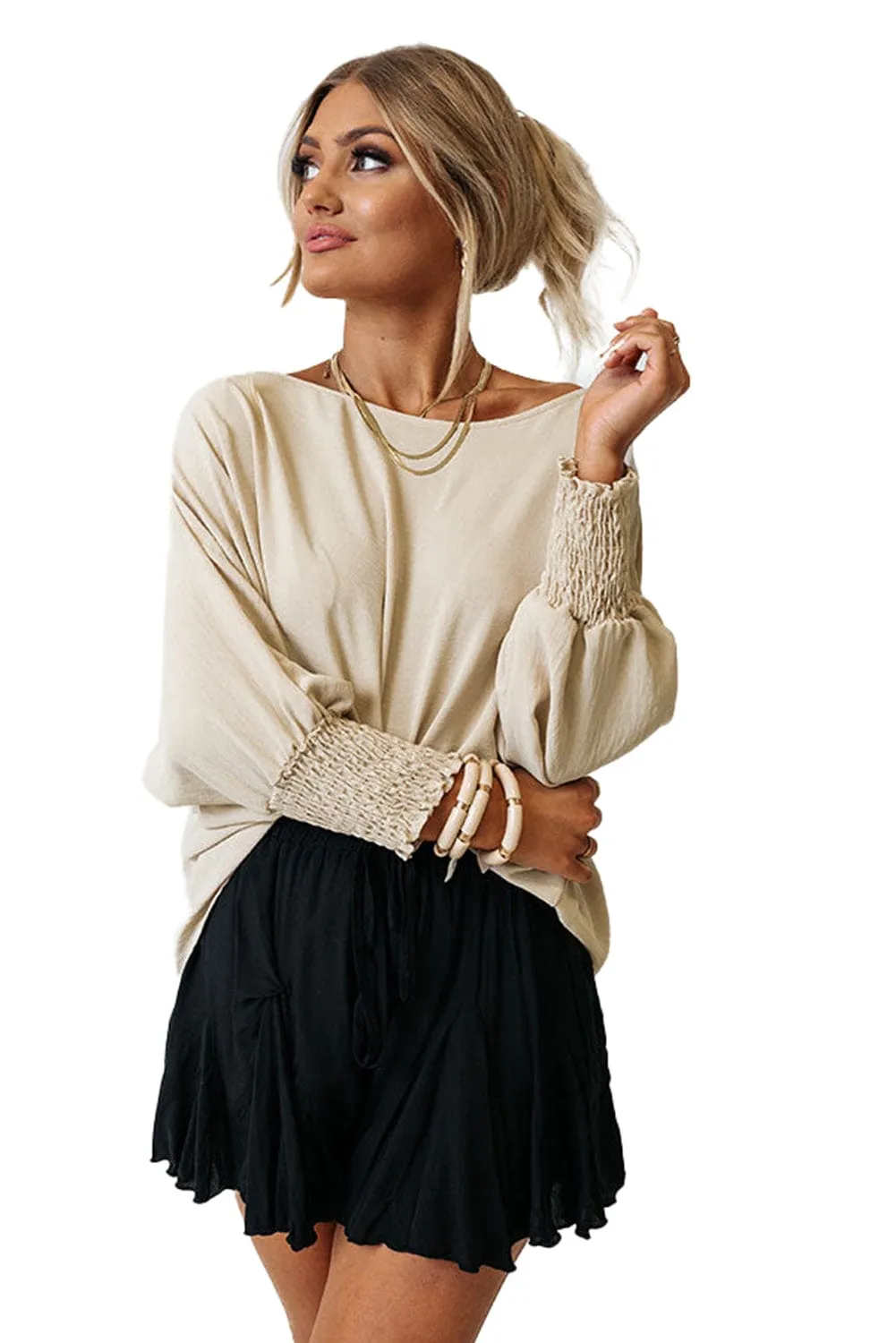 Apricot Smocked Cuff Shift Blouse
