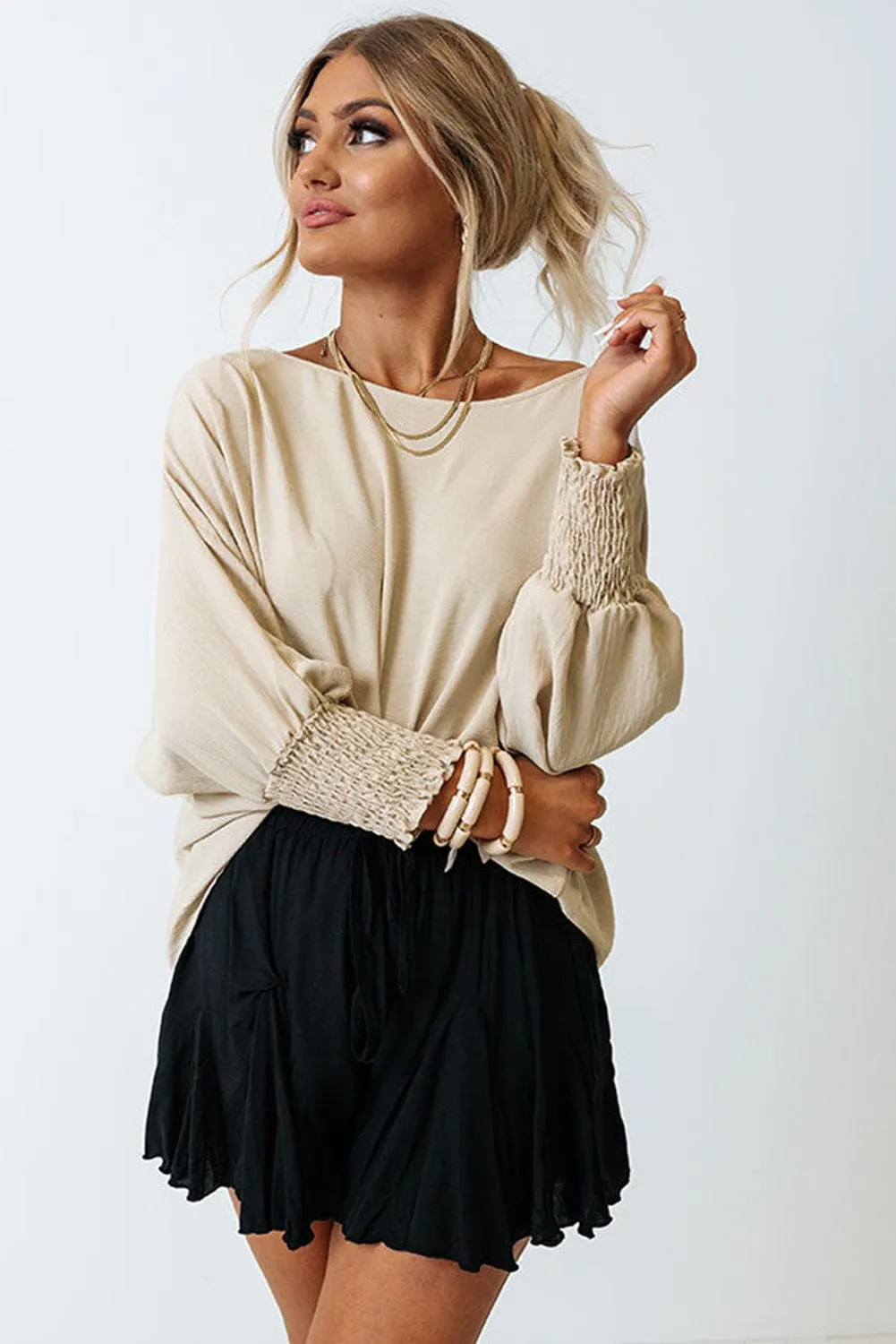 Apricot Smocked Cuff Shift Blouse