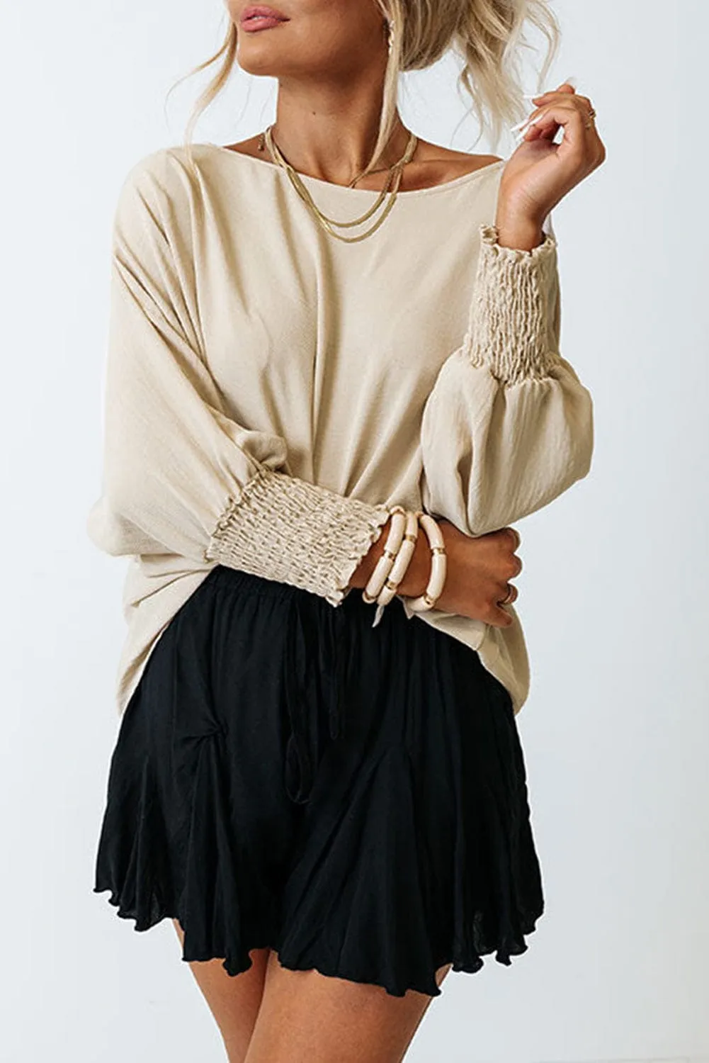 Apricot Smocked Cuff Shift Blouse