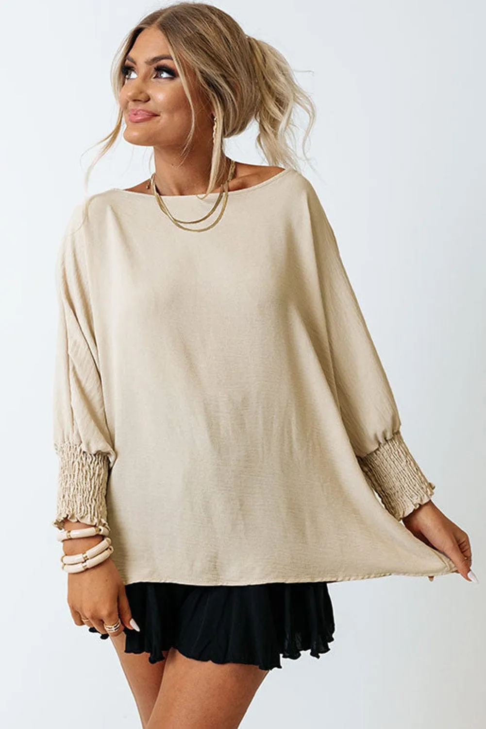Apricot Smocked Cuff Shift Blouse