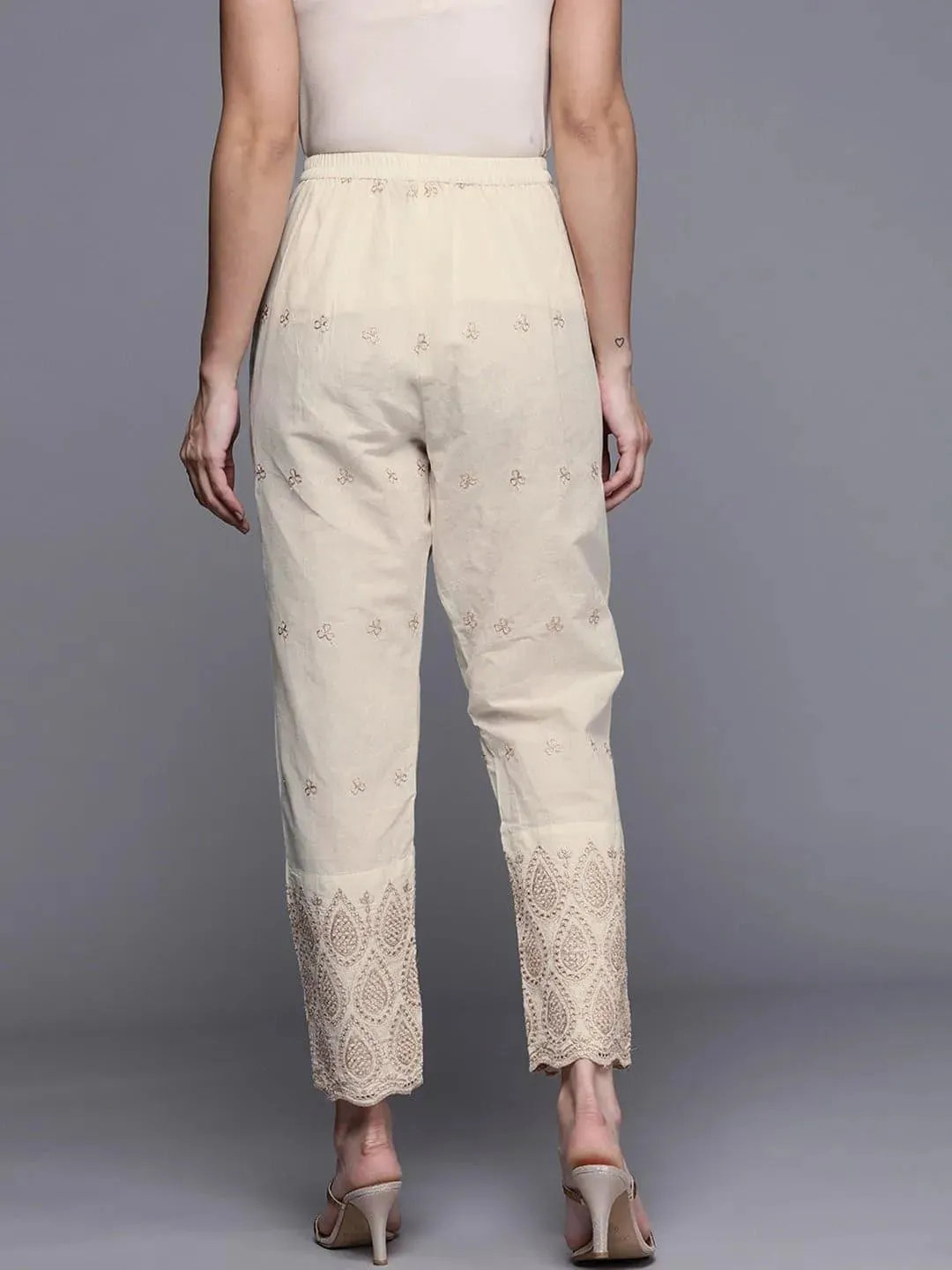 Beige Self Design Cotton Trousers