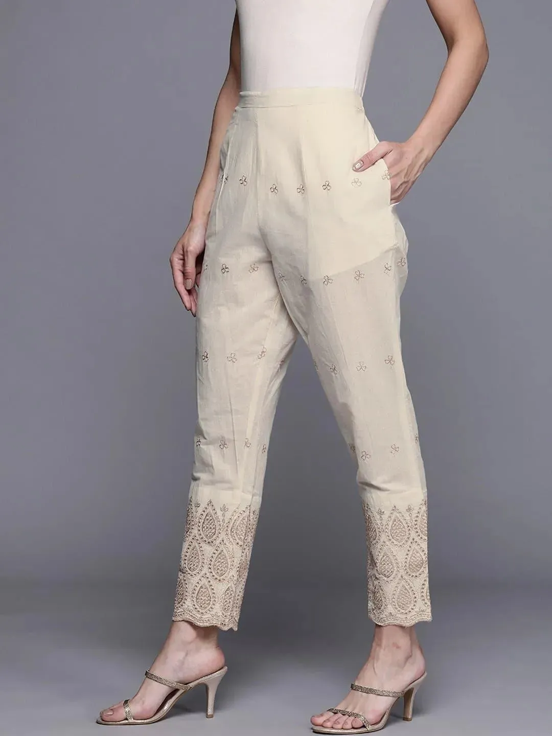 Beige Self Design Cotton Trousers