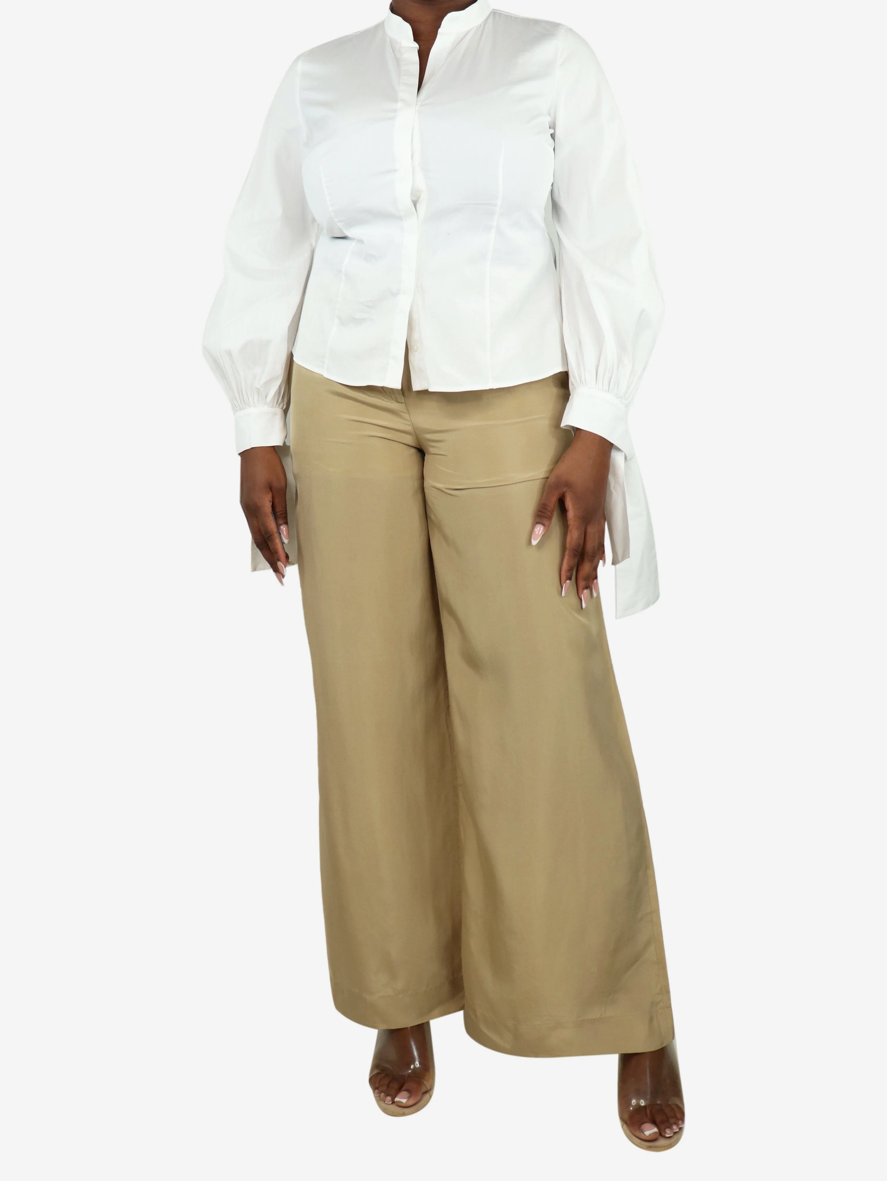 Beige silk wide-leg trousers - size UK 12