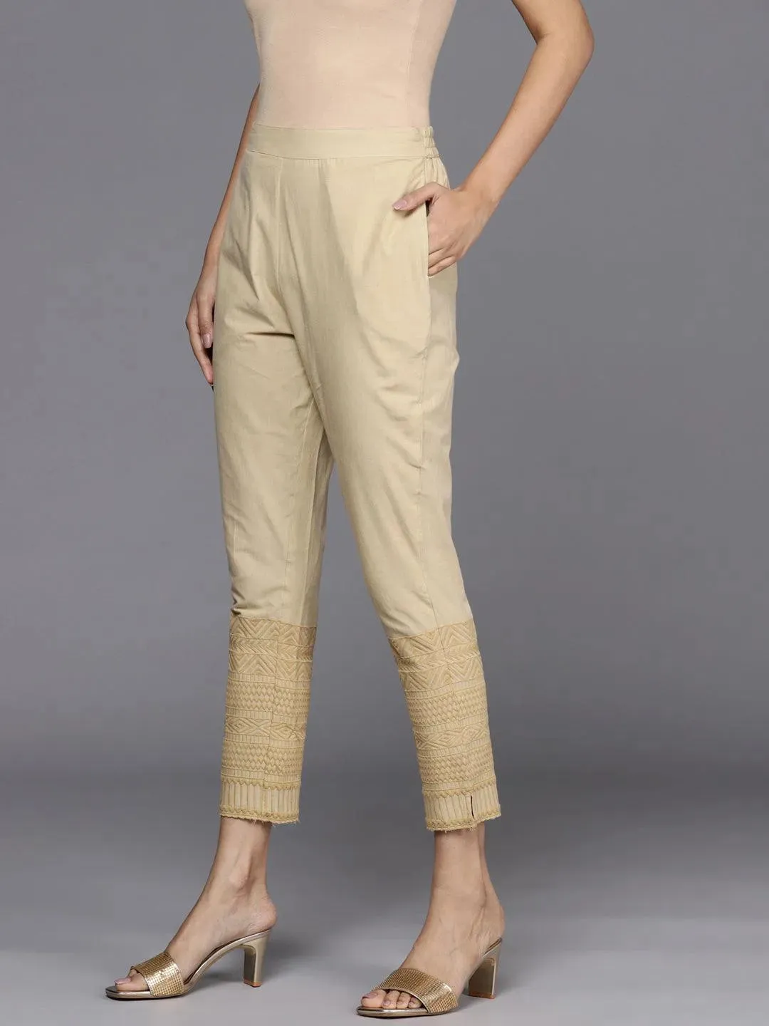 Beige Solid Cotton Trousers