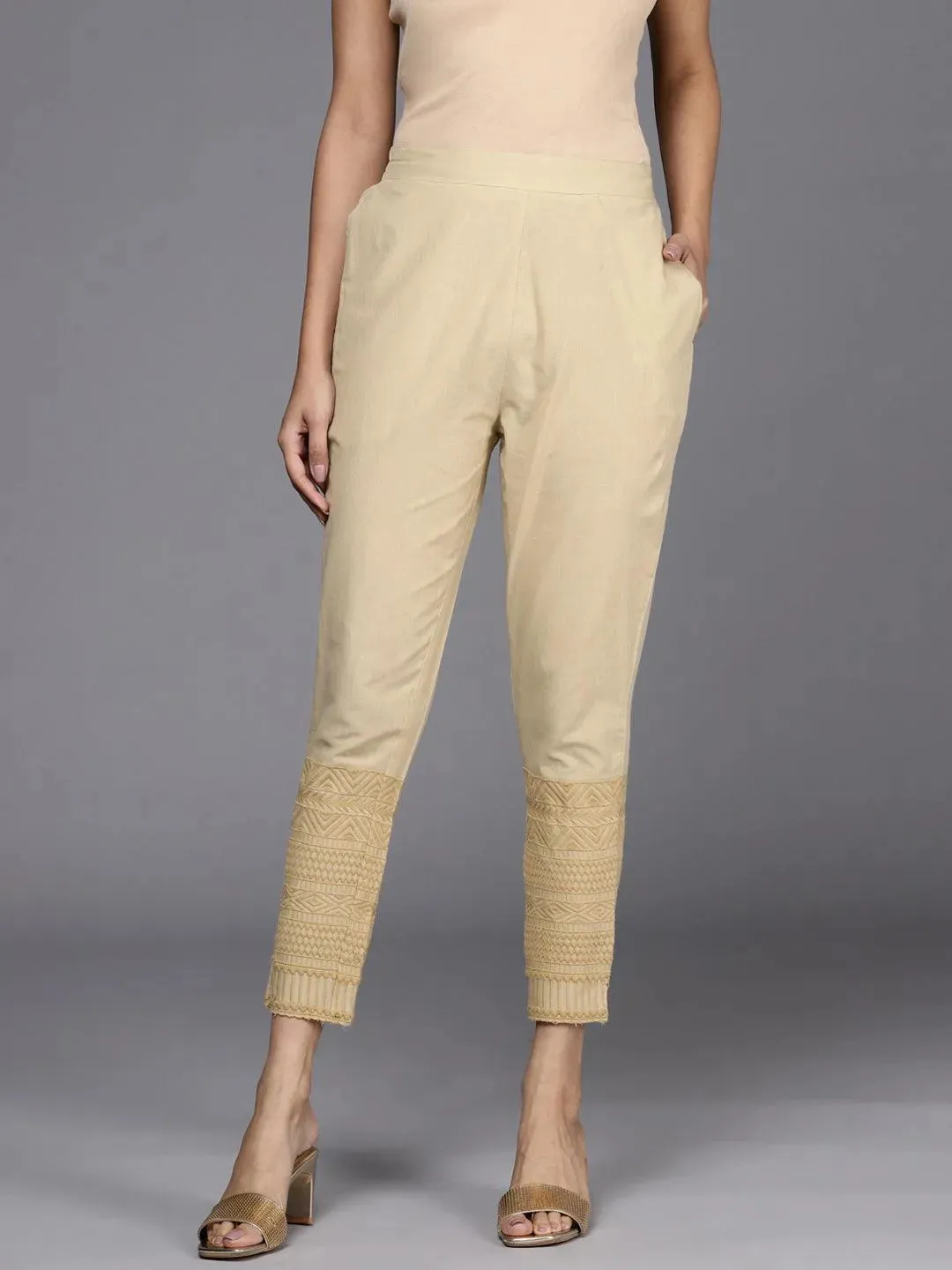 Beige Solid Cotton Trousers
