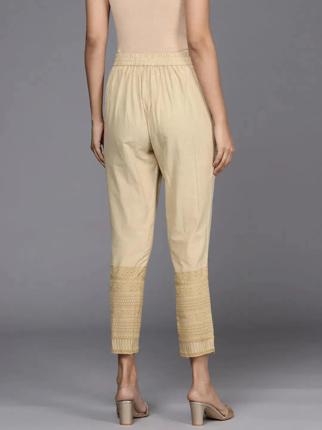 Beige Solid Cotton Trousers
