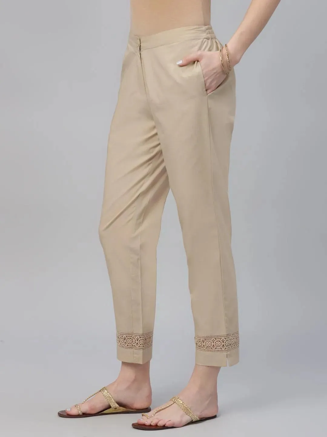 Beige Solid Cotton Trousers