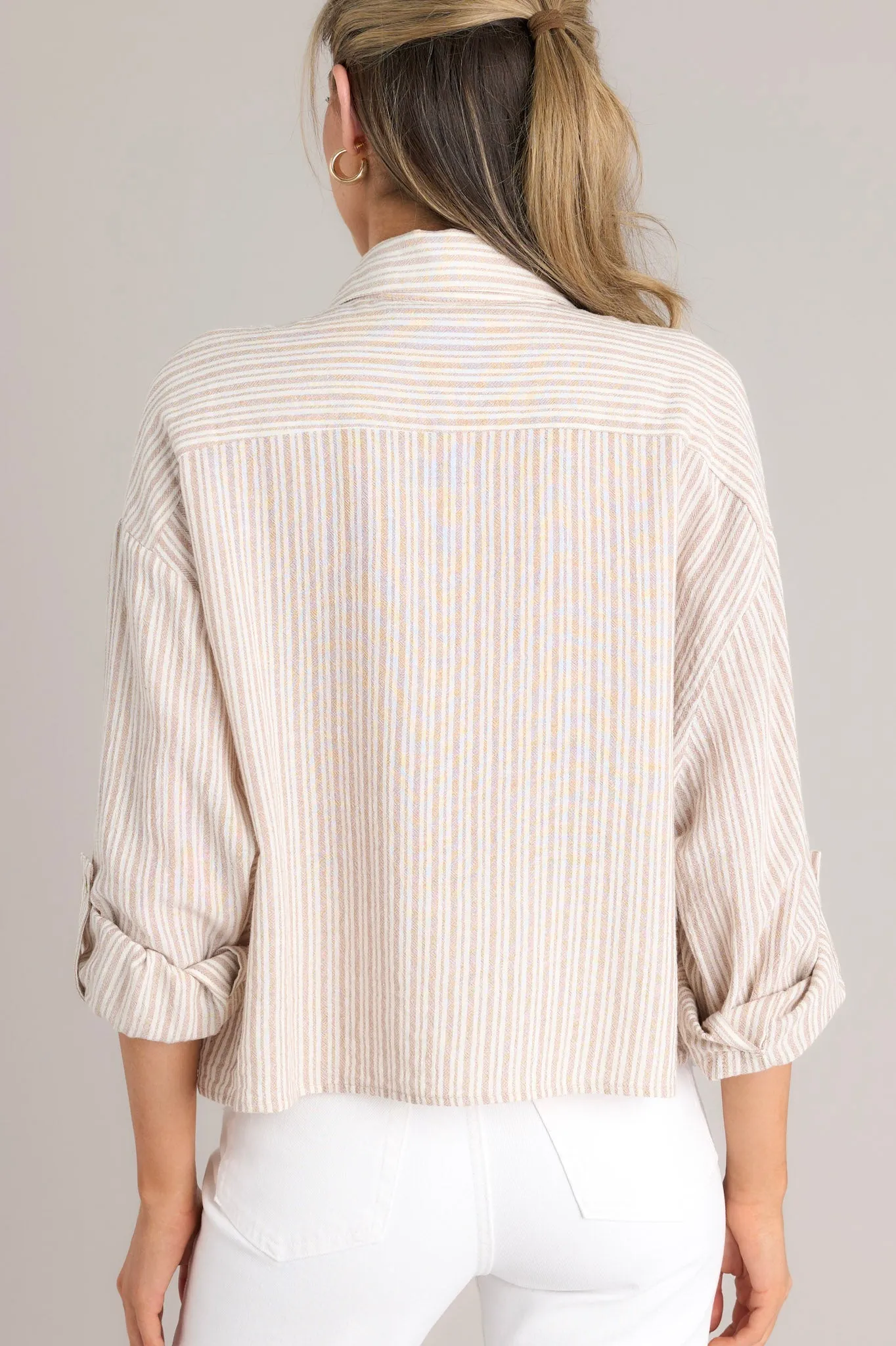 Beyond Boundaries Tan Stripe Button Front Top