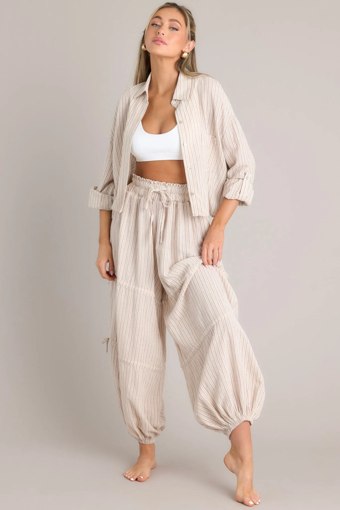 Beyond Boundaries Tan Stripe Button Front Top