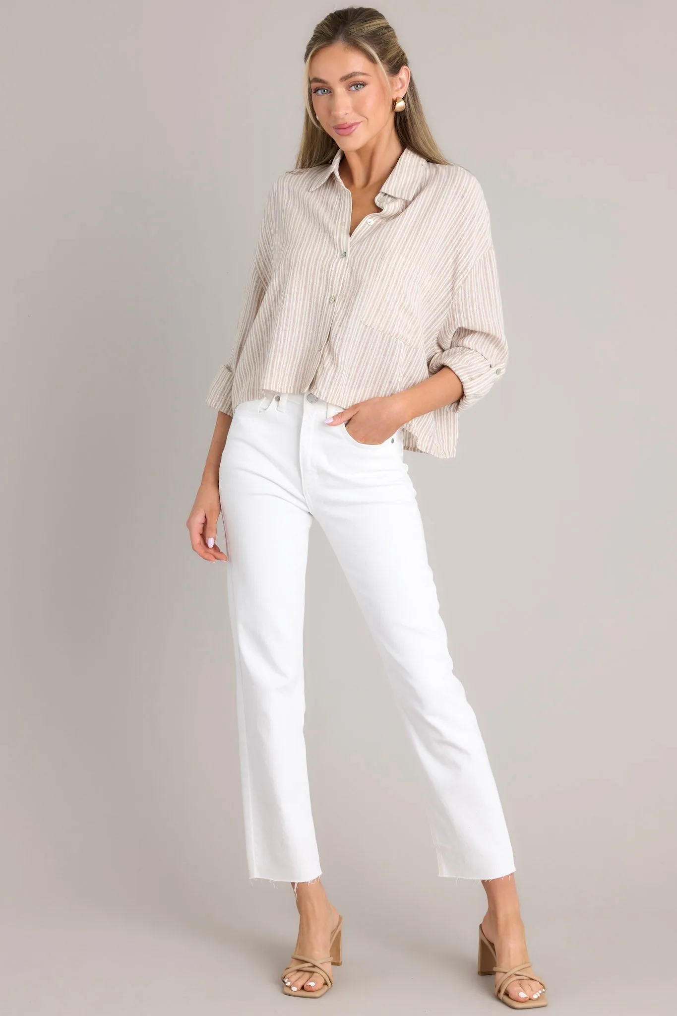 Beyond Boundaries Tan Stripe Button Front Top