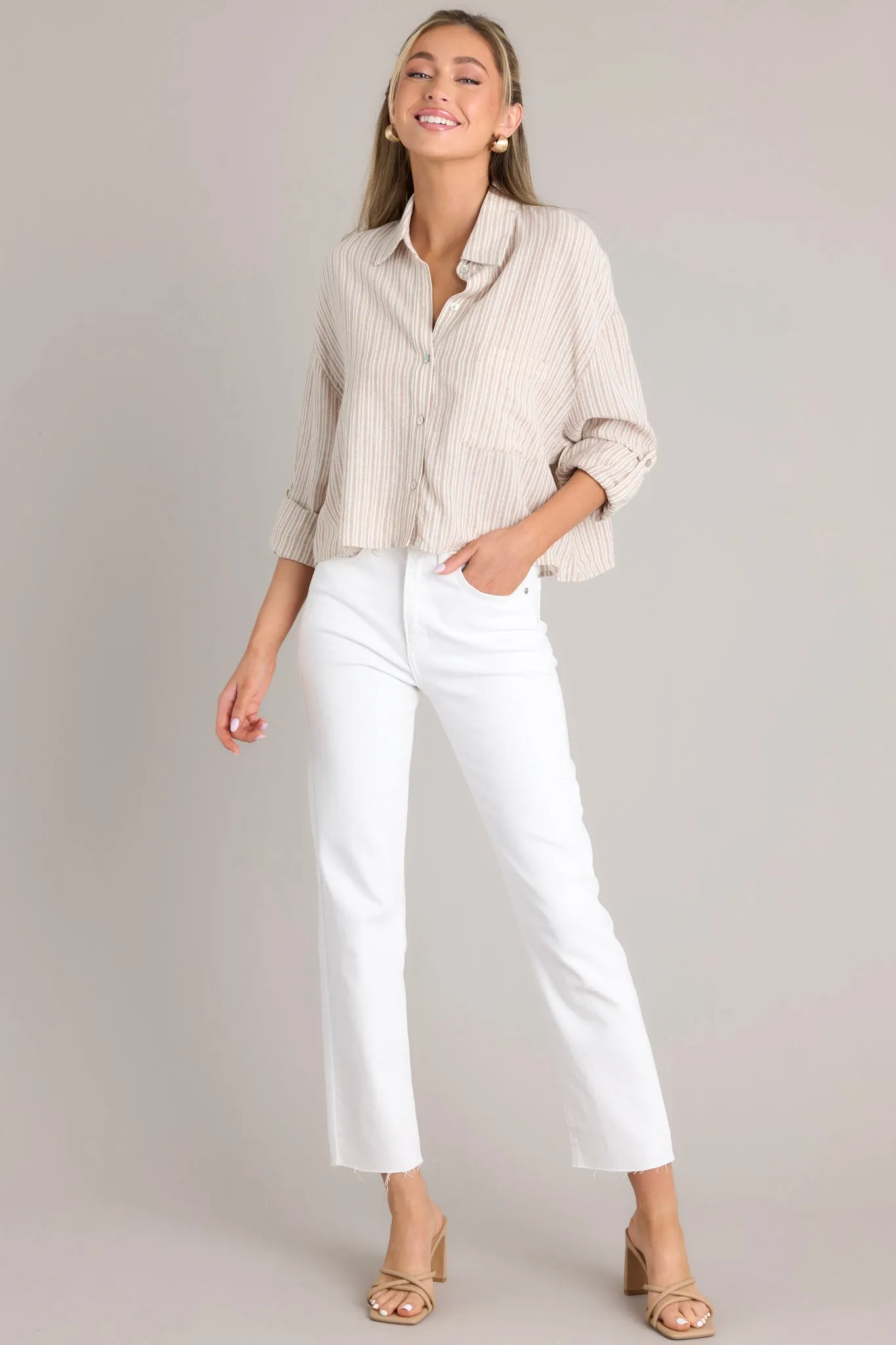 Beyond Boundaries Tan Stripe Button Front Top
