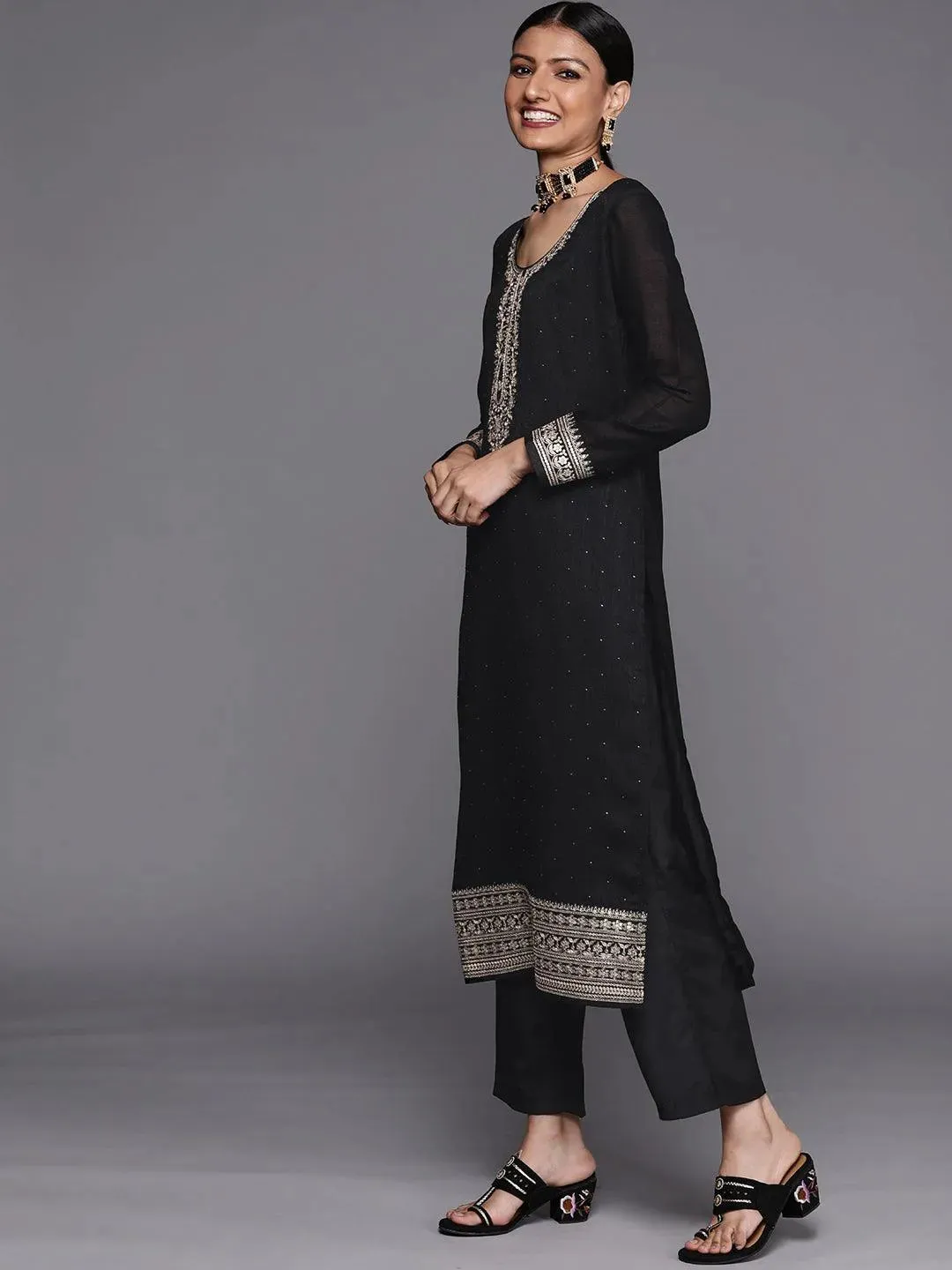 Black Embroidered Silk Blend Straight Kurta With Dupatta
