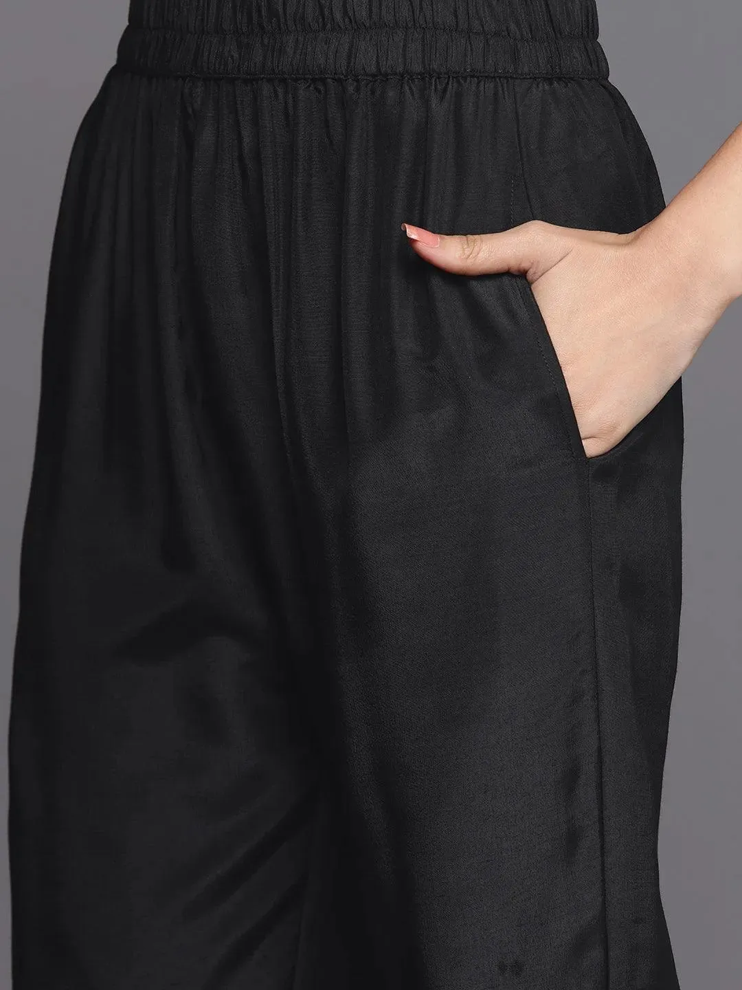 Black Embroidered Silk Blend Straight Kurta With Dupatta
