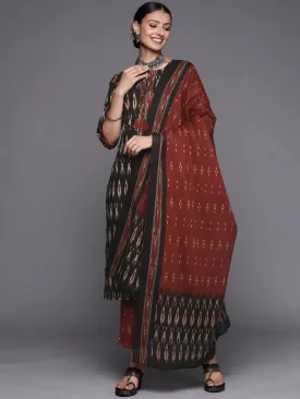 Black Printed Cotton Straight Kurta With Dupatta