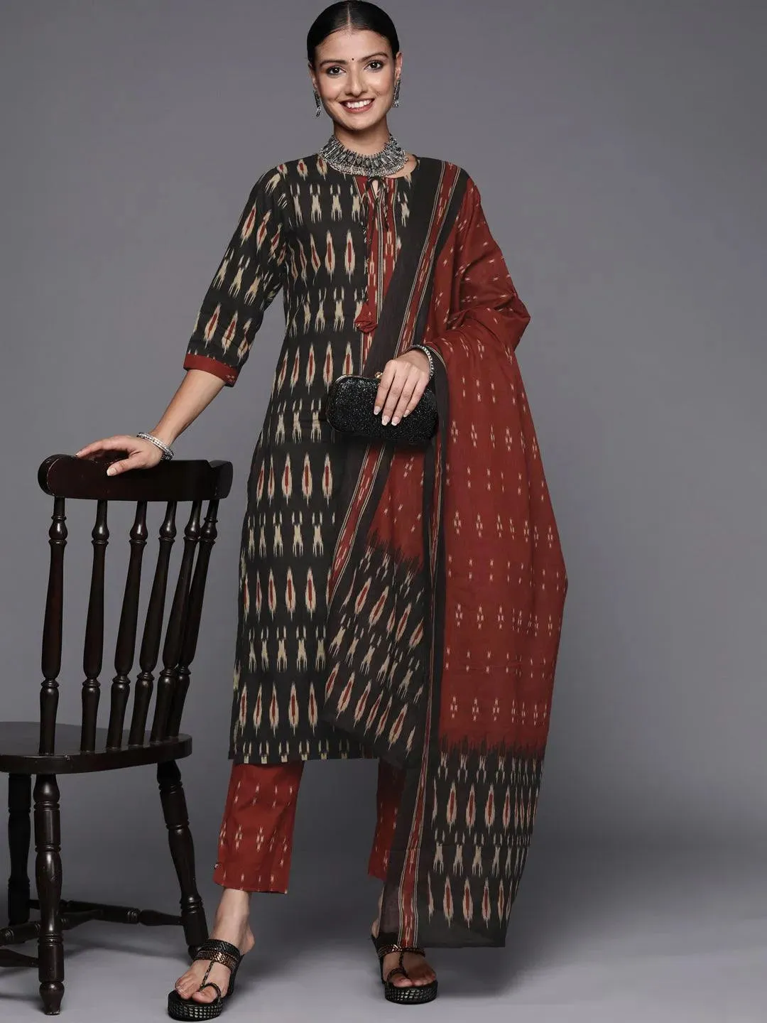 Black Printed Cotton Straight Kurta With Dupatta