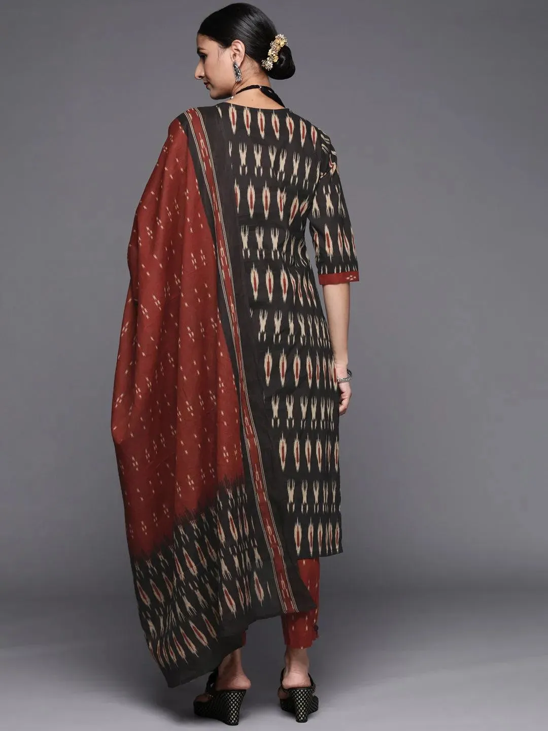 Black Printed Cotton Straight Kurta With Dupatta