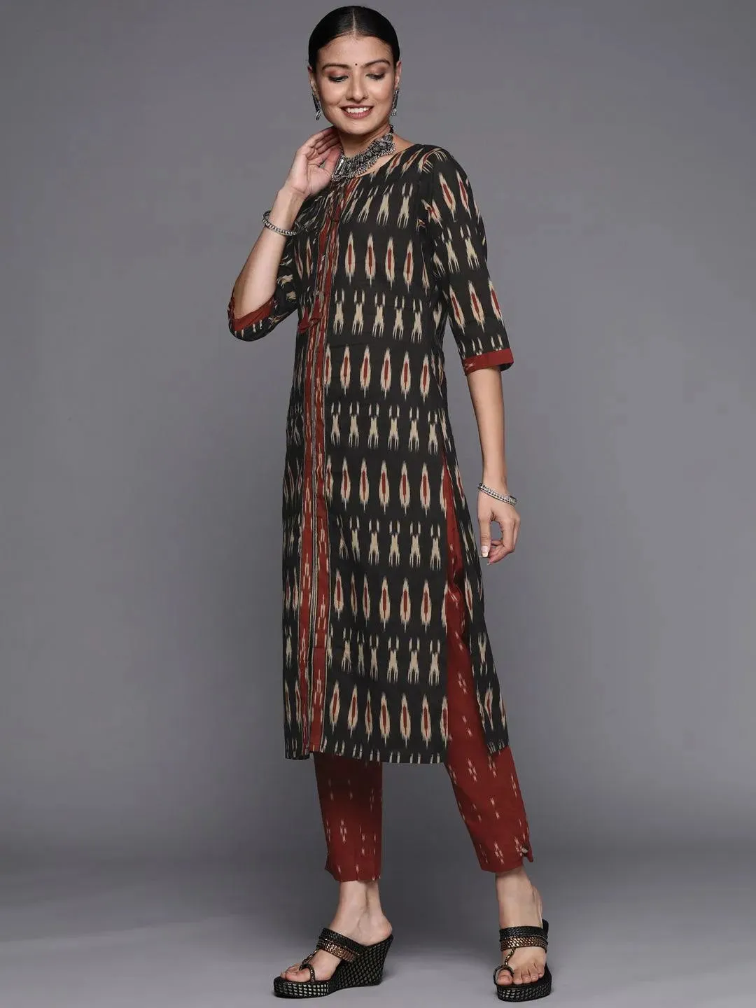 Black Printed Cotton Straight Kurta With Dupatta