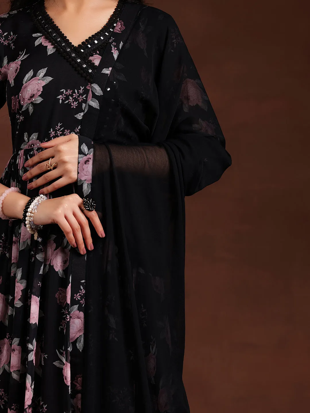 Black Printed Poly Chiffon A-Line Kurta With Trousers & Dupatta
