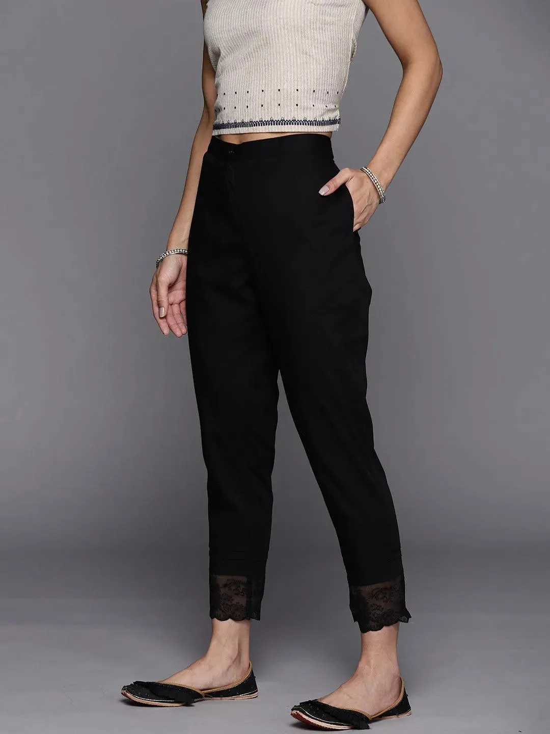 Black Solid Cotton Trousers